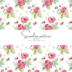 May include: A seamless pattern featuring watercolor roses in shades of pink and red, with green leaves and small yellow accents, set against a white background. The text "Seamless pattern" is displayed.