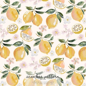 May include: Watercolor seamless pattern featuring lemons, leaves, and flowers in shades of yellow, green, and pink. The design includes whole and sliced lemons, with the text "seamless pattern" and "BY PP".