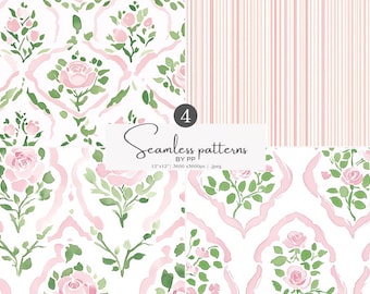 Rosas damascenas, padrão sem costura, papel de parede floral, papel digital, listras rosa, padrão vintage, fundo romântico, textura aquarela