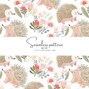 May include: Seamless pattern featuring watercolor illustrations of hedgehogs, flowers, and foliage in soft pink, green, and beige tones. The text "Seamless pattern BY PP" is included. The design is 12" x 12" and 3600 x 3600 pixels.