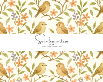 Vogelmuster, Blumenmuster, Aquarell Vögel, nahtloses Muster, Vintage Blumen, Gartenvögel, Cottagecore Art, Frühlingsdeko, Boho Tapete