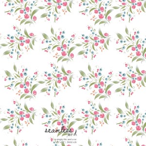 May include: Seamless pattern featuring a repeating floral design. The pattern includes clusters of pink flowers, blue berries, and green leaves on a white background. The text "seamless by pi" is visible in the lower right corner.