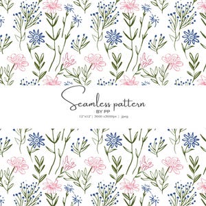 May include: Seamless floral pattern featuring hand-drawn flowers in pink and blue on a white background. The design includes delicate stems and leaves in green. The text "Seamless pattern" is displayed in the image.