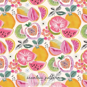 May include: A seamless pattern featuring a repeating illustration of various fruits including yellow oranges, pink grapefruit slices, green kiwi wedges, and purple passion fruit halves on a cream background with the text seamless pattern by PP.