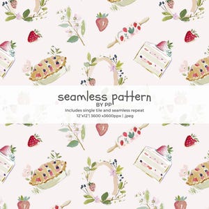 May include: Watercolor seamless pattern featuring strawberries, pie, cake, rolling pins, and floral elements on a light pink background. The text "seamless pattern" is displayed. The pattern is designed for a 12"x12" tile.