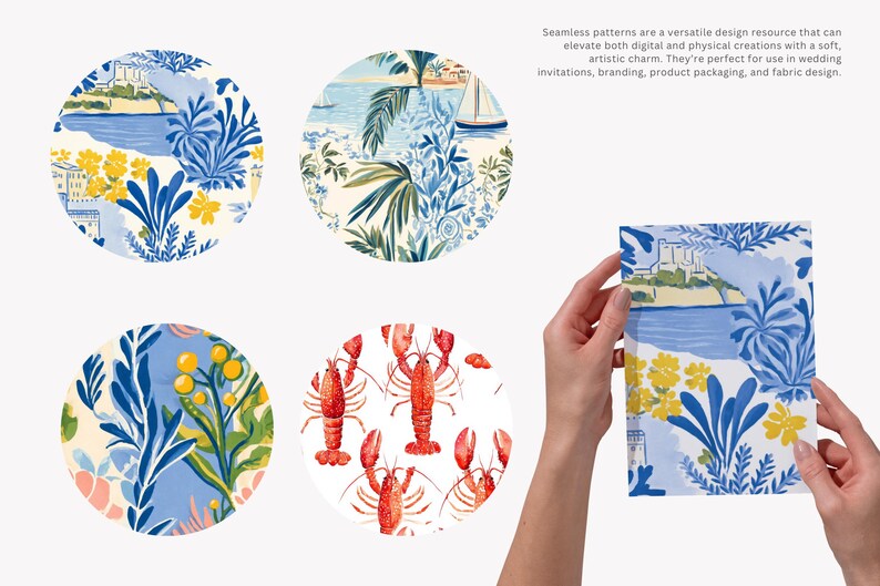 Pode incluir: A imagem mostra padr&otilde;es cont&iacute;nuos em estilo aquarela. Os designs incluem cenas costeiras, veleiros e lagostas. Uma m&atilde;o segura um caderno com um padr&atilde;o semelhante. O texto diz: "Padr&otilde;es cont&iacute;nuos s&atilde;o um recurso de design vers&aacute;til..."