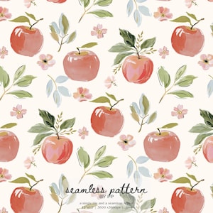 pink apple seamless pattern, watercolor apple print, cottagecore floral fruit, vintage orchard design, botanical repeat tile, soft kitchen