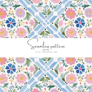 Peut inclure: Motif floral sans couture avec des fleurs roses, bleues et violettes et des feuilles vertes sur fond blanc. Le motif comprend une grille de lignes bleues. Le texte "Seamless pattern" est affiché.