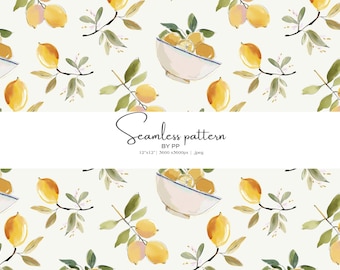 watercolor lemon seamless pattern, lemon bowl kitchen background, mediterranean citrus digital paper, cottagecore fruit print, fabric