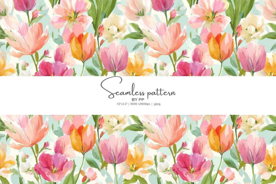 Tulip Garden Floral Seamless Pattern, Painterly Spring Flower Digital ...