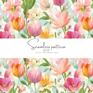 May include: A seamless floral pattern featuring watercolor-style tulips in shades of pink, orange, and yellow against a light green background. The design includes the text "Seamless pattern" and the dimensions 12"x12".