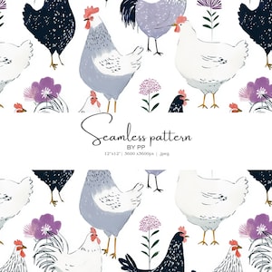 Può includere: Motivo senza cuciture con illustrazioni ad acquerello di polli, galli ed elementi floreali nei toni del bianco, blu e viola. Il design include il testo "Seamless pattern BY PP" e dimensioni di 30,48 cm x 30,48 cm.