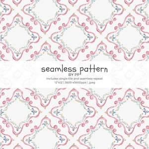 以下が含まれることがあります： 白地の背景に、ピンク、青、金色の花の要素が繰り返されるシームレスパターンのデザイン。 「seamless pattern」のテキストとパターンの寸法が表示されています。
