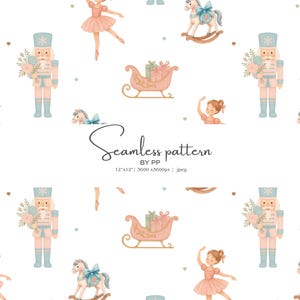 May include: A seamless pattern featuring watercolor illustrations of a ballerina, a nutcracker, a rocking horse, and a sleigh with gifts. The design includes the text "Seamless pattern" and is in soft pastel colors.
