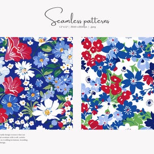 patriotic floral, seamless pattern, red white, blue flowers, 4th july, americana style, digital paper, summer garden, wildflower print jpeg image 4