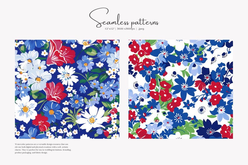 patriotic floral, seamless pattern, red white, blue flowers, 4th july, americana style, digital paper, summer garden, wildflower print jpeg image 4
