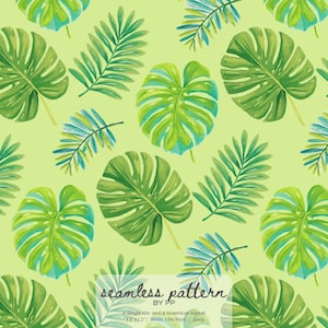 Pode incluir: Um padrão sem costuras com folhas de monstera e palmas verdes num fundo verde lima claro. O texto na parte inferior diz: seamless pattern BY PP a single tile and a seamless repeat 12x12 3600x3600px 300dpi.