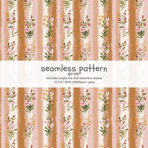 May include: Seamless pattern with vertical stripes in shades of brown and pink, adorned with floral sprigs. The design includes the text "seamless pattern" and other details. The pattern is 12"x12" and suitable for various applications.