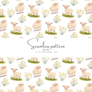 Op de afbeelding: Naadloos patroon met aquarel illustraties van schapen, groen gras en gele bloemen op een witte achtergrond. De tekst "Seamless pattern" is cursief geschreven. Het patroon is 30.48cm x 30.48cm en 3600x3600px.