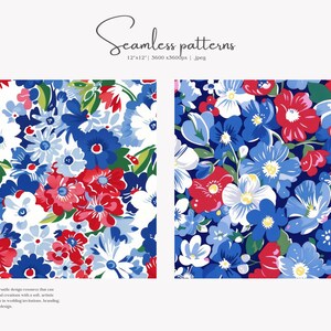 patriotic floral, seamless pattern, red white, blue flowers, 4th july, americana style, digital paper, summer garden, wildflower print jpeg image 3