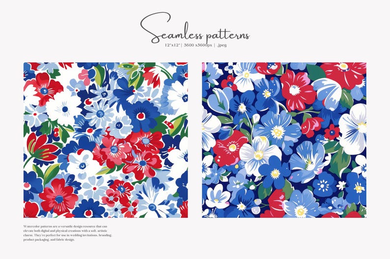 patriotic floral, seamless pattern, red white, blue flowers, 4th july, americana style, digital paper, summer garden, wildflower print jpeg image 3