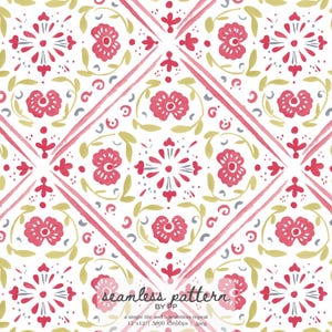 mediterrane Fliese nahtlose Muster, rosa geometrische Blumenmuster, spanische Folk Design, Boho Keramikfliesenmuster, dekorative Diamantrapportierung