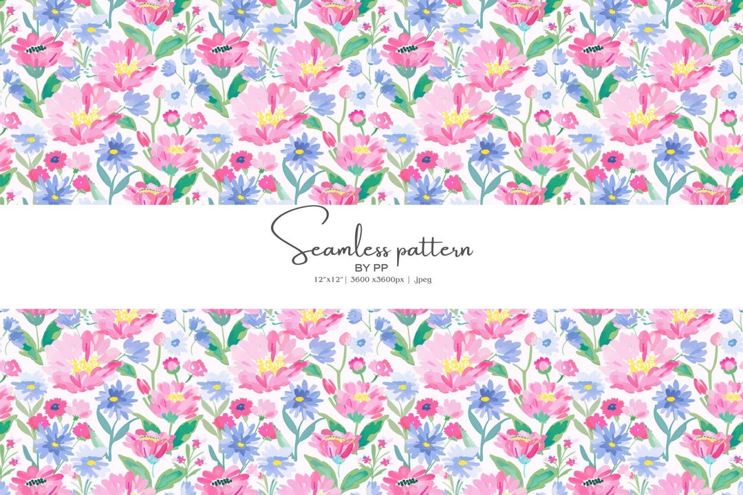 Watercolor Floral Seamless Pattern, Blue Pink Flower Pattern Jpeg ...