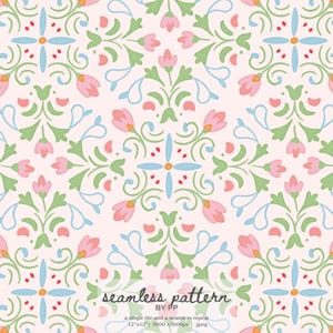 May include: A seamless pattern featuring a repeating floral design. The pattern includes pink flowers, green leaves, and blue accents on a light pink background. The text "seamless pattern" is visible at the bottom.
