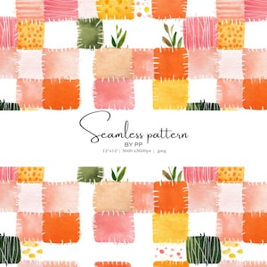 Peut inclure: Motif sans couture à l'aquarelle avec un design patchwork dans les tons orange, rose, jaune et vert. Le motif comprend des carrés cousus avec de petites illustrations de plantes vertes. Le texte "Seamless pattern" est affiché dans l'image.