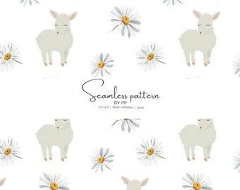 seamless lamb pattern, watercolor lamb nursery, baby animal pattern, daisy nursery wallpaper, pastel nursery digital paper