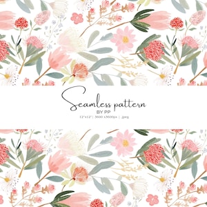 May include: A seamless floral pattern featuring watercolor illustrations of pink, red, and white flowers with green and gray leaves on a white background. The text "Seamless pattern" is displayed in the center.