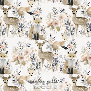 May include: Watercolor seamless pattern featuring deer, foxes, and floral elements in soft beige, brown, and blue hues. The design includes deer with white spots, foxes, and bouquets of flowers. The text "seamless pattern" is visible.