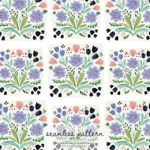 May include: A repeating pattern of floral bouquets in a watercolor style. Each square features a central arrangement of blue and purple flowers, pink tulips, and black bell-shaped blooms, with green leaves on a white background.