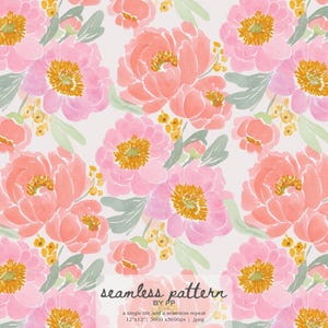 May include: Watercolor seamless pattern featuring large pink and peach peonies with yellow centers and green leaves. The design includes the text "seamless pattern" and other text at the bottom.