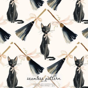 May include: Watercolor seamless pattern featuring black cats with pink bows and black brooms with pink bows. The brooms have brown handles and are decorated with small green leaves. The background is a light beige color. The text "seamless pattern by PP" is visible.