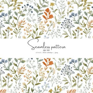 May include: Watercolor seamless pattern featuring a botanical design with various flowers and foliage in shades of orange, blue, green, and yellow. The text "Seamless pattern" is displayed in the center. The pattern is 12" x 12" in size.