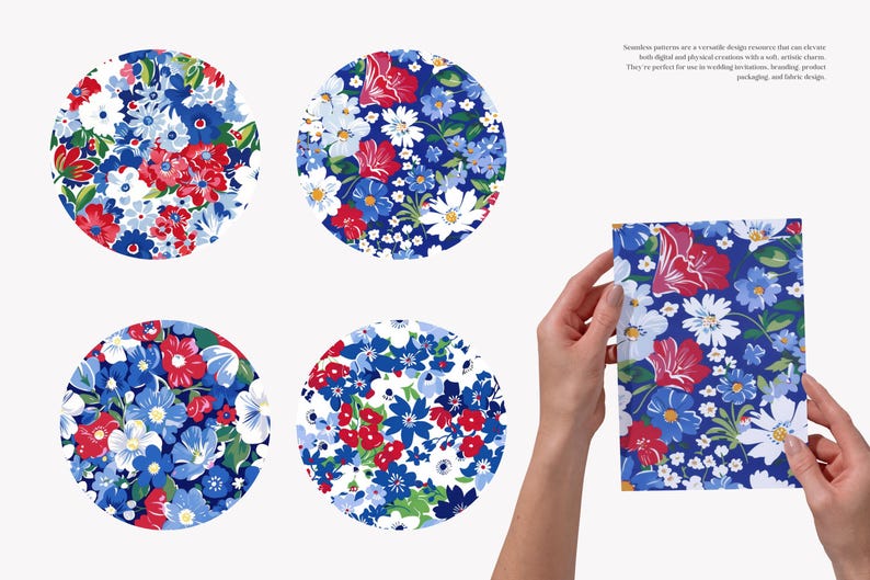 patriotic floral, seamless pattern, red white, blue flowers, 4th july, americana style, digital paper, summer garden, wildflower print jpeg image 5
