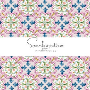 May include: A seamless pattern design with a repeating floral motif in pink, green, blue, and gold. The design features stylized flowers and scrollwork on a light pink background. The text "Seamless pattern" is displayed.