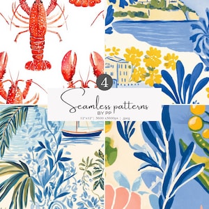 Puede incluir: Cuatro patrones sin costuras con ilustraciones en acuarela. Uno presenta langostas rojas sobre un fondo blanco. Otros representan escenas costeras con follaje azul, amarillo y verde, barcos y edificios. El texto dice "Seamless patterns by PP".