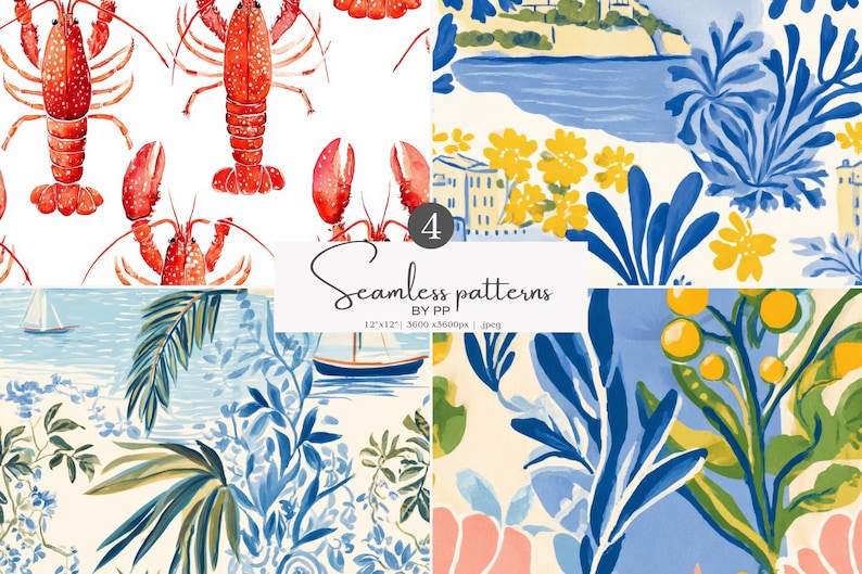 Pode incluir: Quatro padr&otilde;es sem costura com ilustra&ccedil;&otilde;es em aquarela. Um apresenta lagostas vermelhas sobre um fundo branco. Outros retratam cenas costeiras com folhagens azuis, amarelas e verdes, barcos e edif&iacute;cios. O texto diz "Seamless patterns by PP".