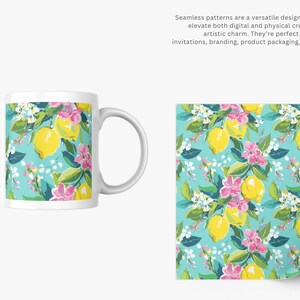 May include: A white ceramic mug and a patterned design featuring lemons, pink flowers, and green leaves on a turquoise background. The design is also shown on a piece of paper. Text on the image: Seamless patterns are a versatile design resource.