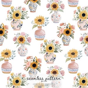 May include: Watercolor seamless pattern featuring bouquets of sunflowers and other flowers in decorative vases. The vases are in shades of pink, blue, and white. The text "seamless pattern" is visible at the bottom.