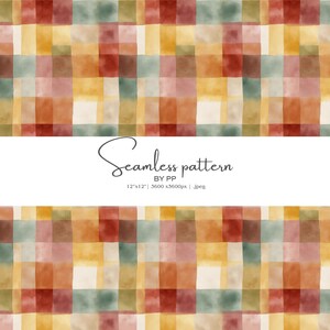 Puede incluir: Patrón sin costuras de acuarela con un diseño de cuadros. El patrón presenta una mezcla de colores cálidos que incluyen rojo, naranja, amarillo y verde. El texto "Seamless pattern" se muestra en el centro.
