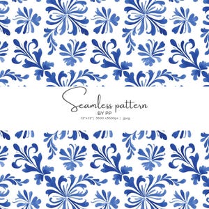 May include: A seamless pattern in blue and white, featuring stylized floral and leaf motifs. The design is repeated across the image, creating a cohesive and decorative look. The text "Seamless pattern" is displayed in the center.