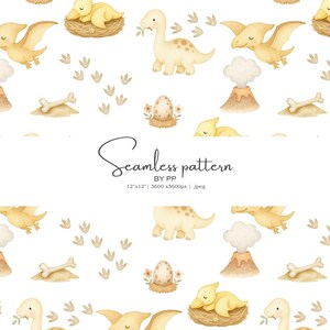 May include: Watercolor seamless pattern featuring dinosaurs, volcanoes, eggs, and footprints in shades of yellow and brown on a white background. The text "Seamless pattern" is displayed in the image.