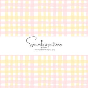 May include: A seamless pattern design featuring a pastel pink and yellow plaid pattern. The words "Seamless pattern" are displayed in a cursive font, along with the dimensions and file type.