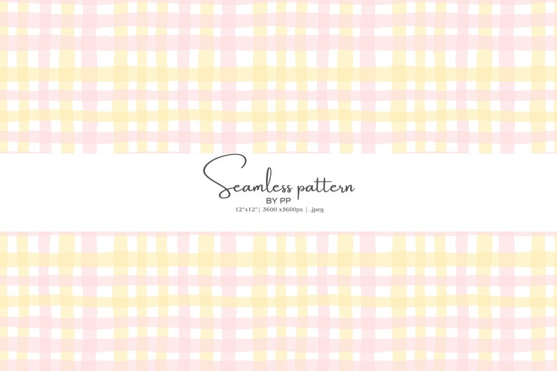 May include: A seamless pattern design featuring a pastel pink and yellow plaid pattern. The words "Seamless pattern" are displayed in a cursive font, along with the dimensions and file type.