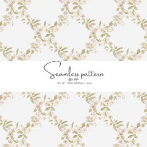 Op de afbeelding: Een naadloos patroon met een herhalend bloemmotief. Het patroon toont een raster van ruitvormen, elk omlijnd met delicate takken en versierd met kleine, lichtroze bloemen en groene bladeren. De tekst "Seamless pattern" wordt weergegeven.