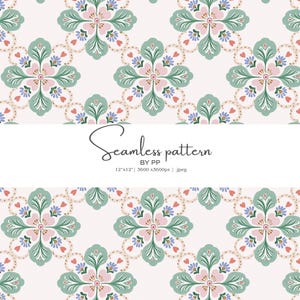 May include: A seamless floral pattern in soft pastel colors. The design features stylized flowers in shades of green, pink, and blue, with gold accents, set against a cream background. The text "Seamless pattern" is displayed.