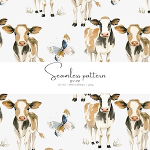 Può includere: Motivo senza cuciture ad acquerello con illustrazioni di mucche e farfalle. Le mucche sono raffigurate in tonalità marroni, nere e bianche, mentre le farfalle presentano delicate sfumature blu e oro. Il testo "Seamless pattern" è incluso.